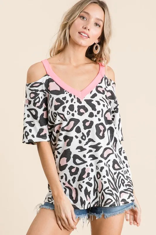BiBi Leopard Print Top with Shoulder Cut Out Tops