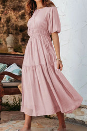 Dusty rose puff sleeve pleated high waist flowy midi dress