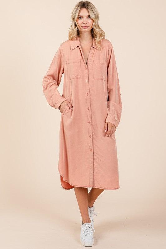 Mittoshop Button Down Long Sleeve Shirt Dress - DAVERRI FASHIONS