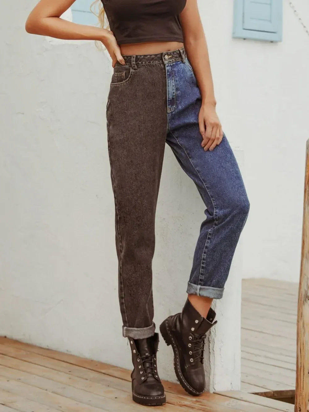 Two Tone Straight Leg Jeans - DAVERRI FASHIONS