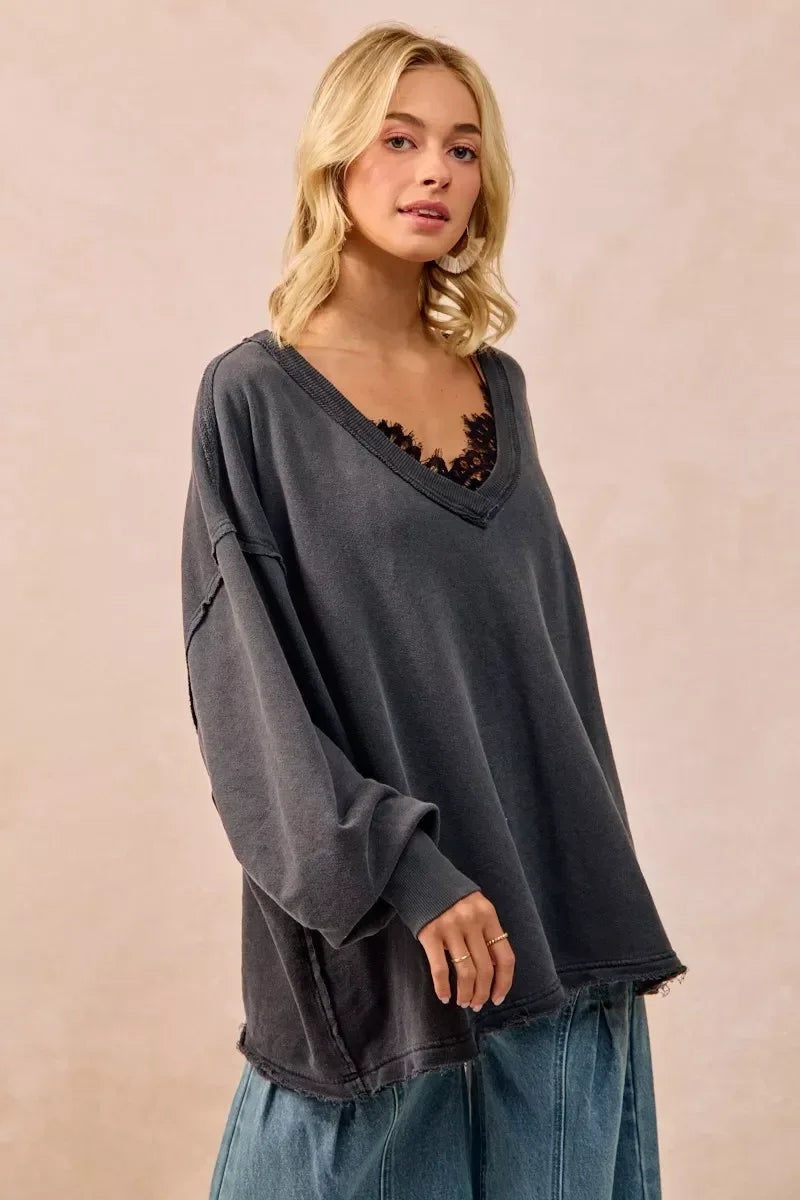 BiBi Mineral Washed French Terry Oversized Sweatshirt - DAVERRI FASHIONS