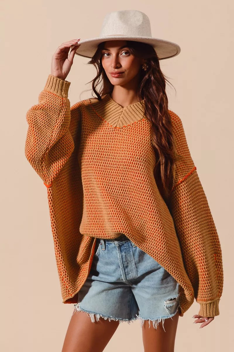 SO ME Oversized Two Tone Textured V Neck Sweater | Sweaters Daverri Fashions