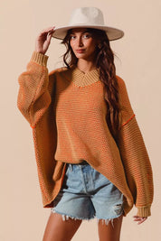 SO ME Oversized Two Tone Textured V Neck Sweater | Sweaters Daverri Fashions