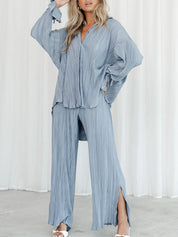 Blue Button Up Long Sleeve Top and Pants Set | Outfit Sets Daverri Fashions