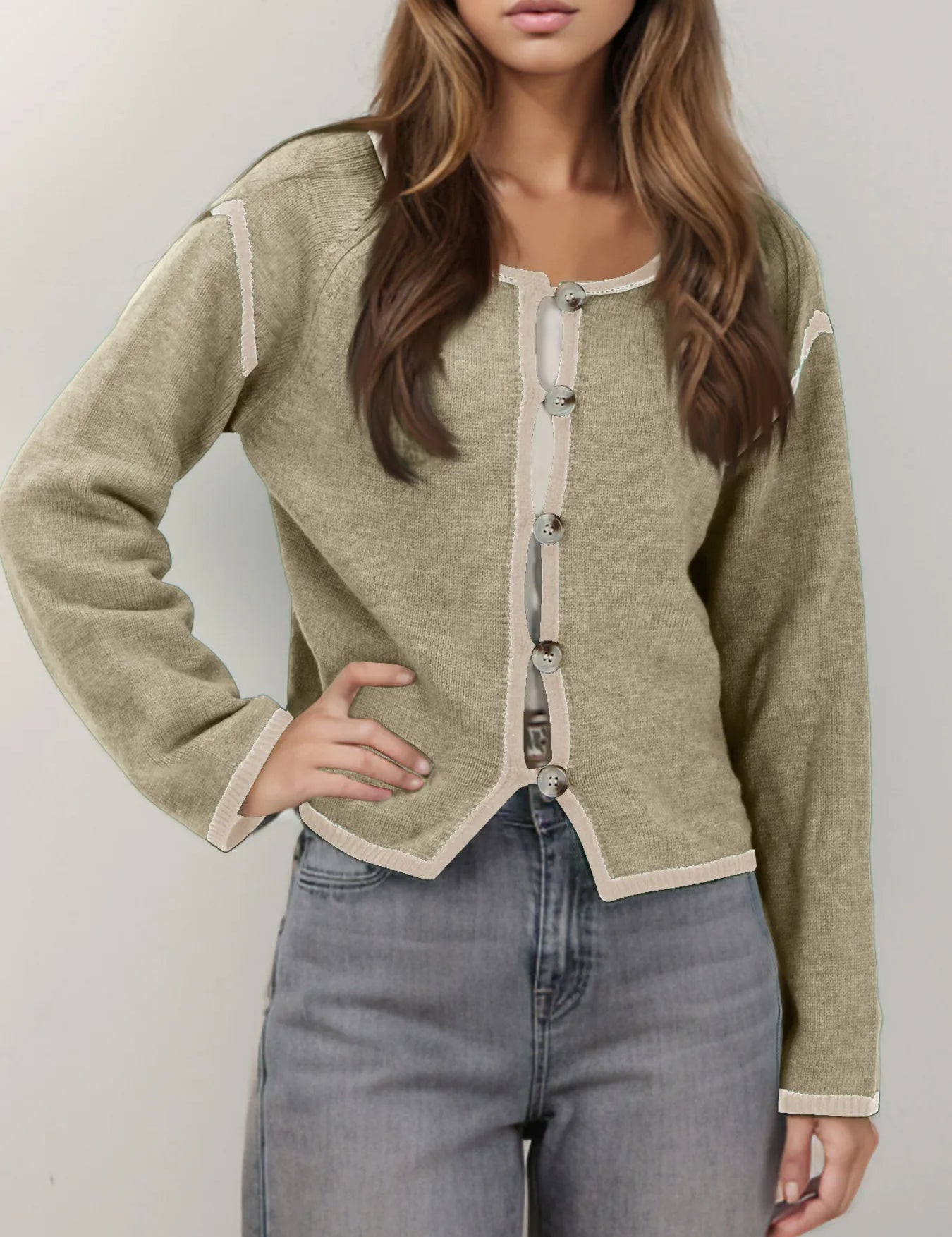 Khaki Button-Front Cardigan with Contrast Trim | Cardigans Daverri Fashions