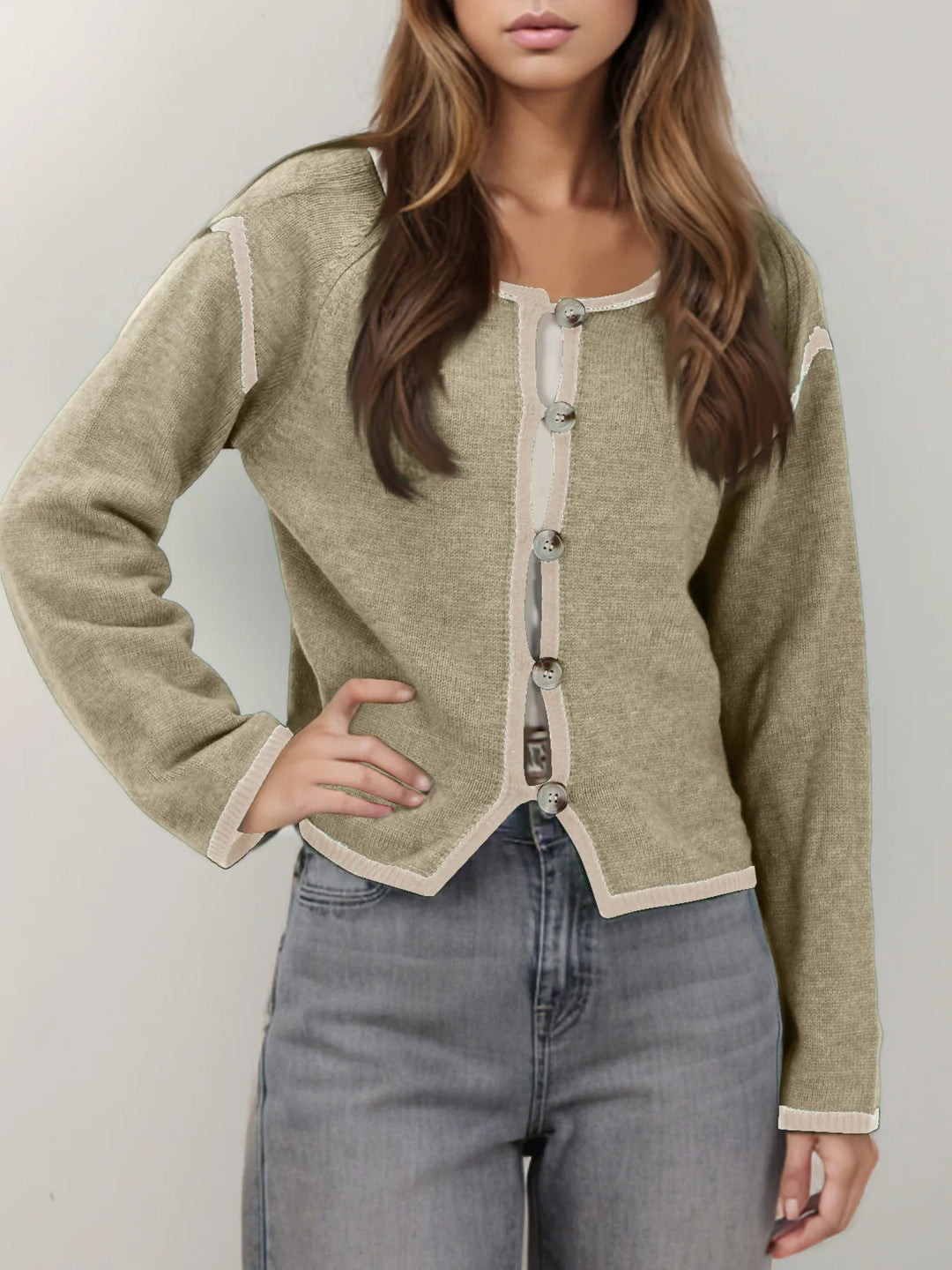 Khaki Button-Front Cardigan with Contrast Trim | Cardigans Daverri Fashions