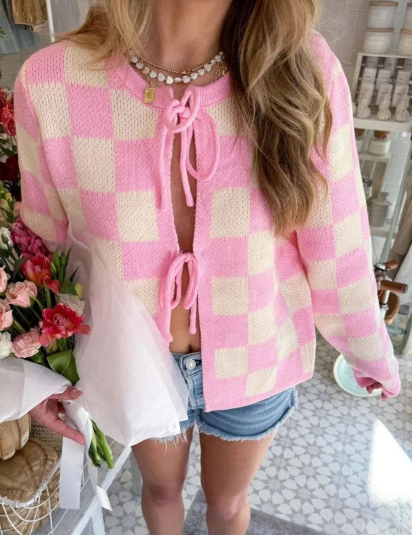 Pink Checkered Tie-Front Cropped Cardigan | Cardigans Daverri Fashions