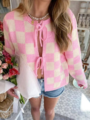 Pink Checkered Tie-Front Cropped Cardigan | Cardigans Daverri Fashions