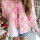 Checkered Tie-Front Cropped Cardigan - DAVERRI FASHIONS