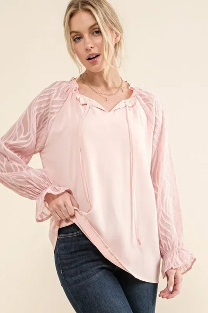 And The Why Leaves Shape Textured Sleeve Blouse - DAVERRI FASHIONS
