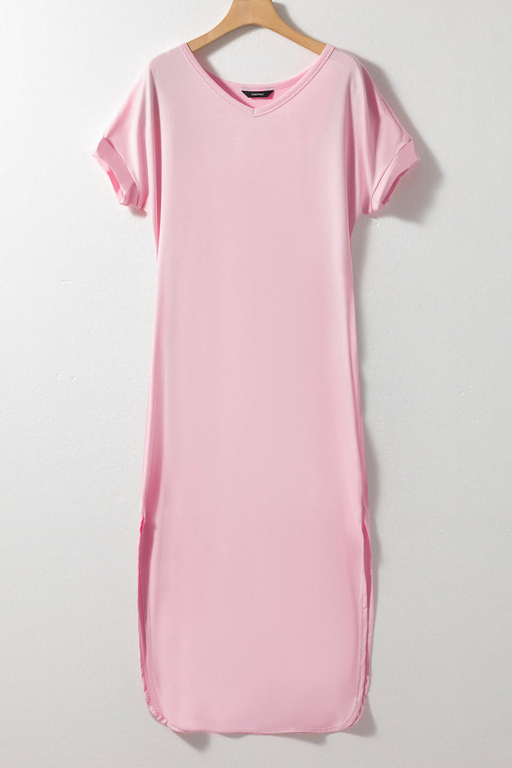 Pink Solid Color Hidden Pocket V Neck Slit Maxi Dress Maxi Dresses