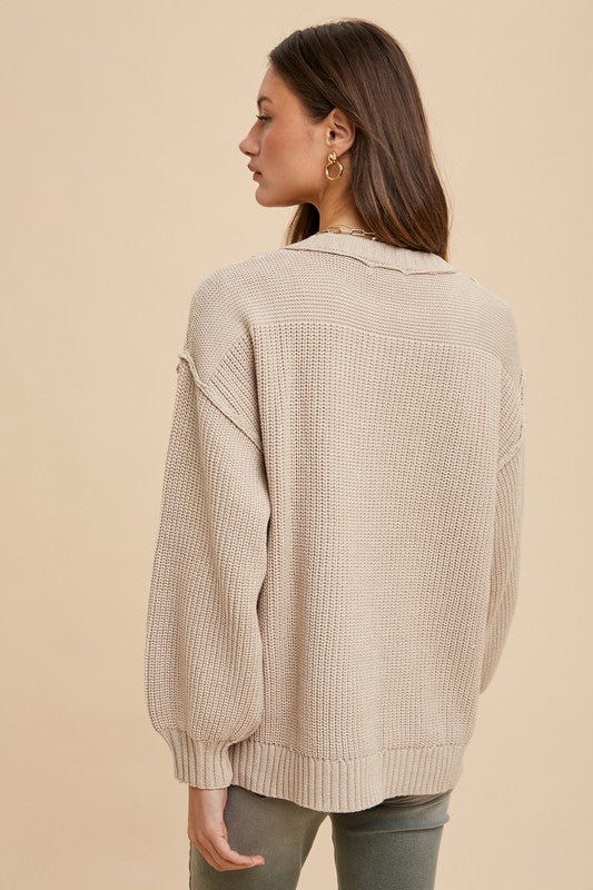 Annie Wear Half Button Ribbed Hem Sweater Sweaters