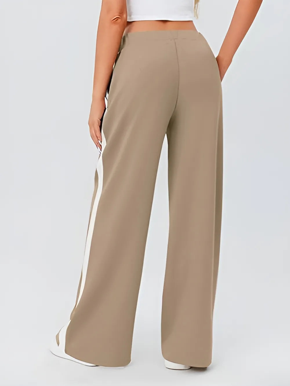Beige Side Striped Wide Leg Pants with white side stripe