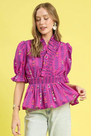 Red-Violet Umgee Printed Half Sleeve Peplum Blouse | Daverri Fashions