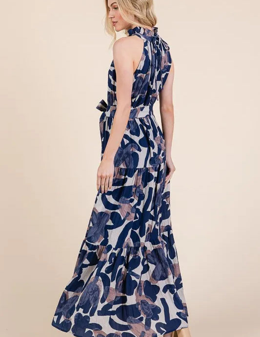 Lime 'N' Chili Abstract Halter Neck Tie-Waist Tiered Maxi Dress | Daverri Fashions