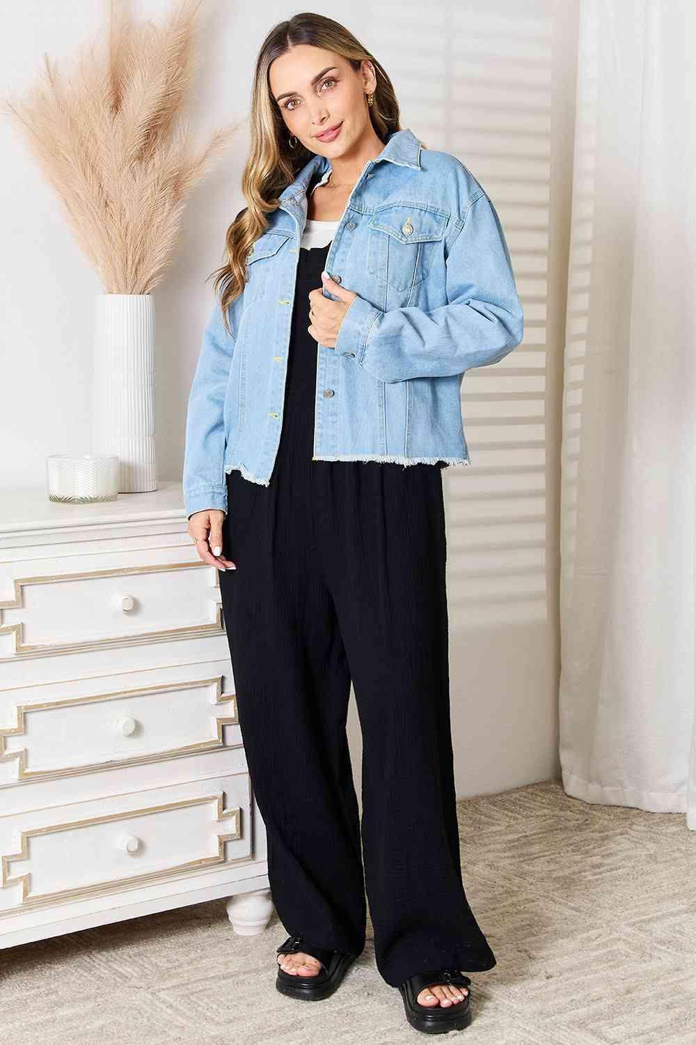 Double Take Dropped Shoulder Raw Hem Denim Jacket - DAVERRI FASHIONS