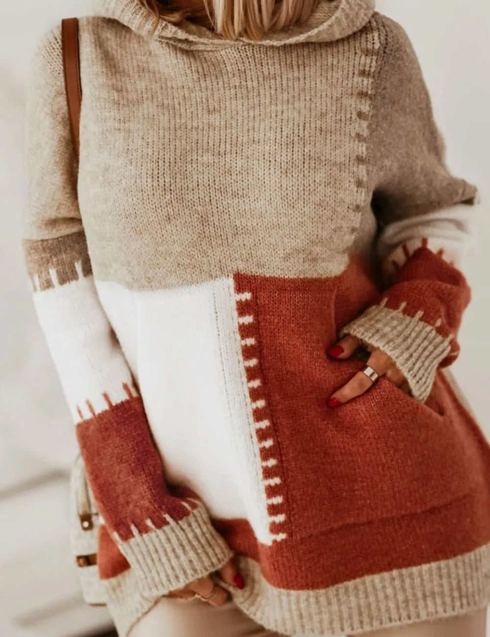 Brown color block kangaroo pocket hooded knit sweater