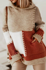 Brown color block kangaroo pocket hooded knit sweater
