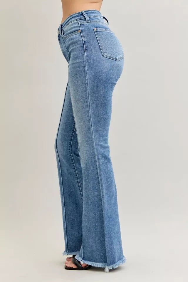 Judy Blue High Waist Flare Fray Hem Jeans with Front Pintuck Detail | Daverri Fashions
