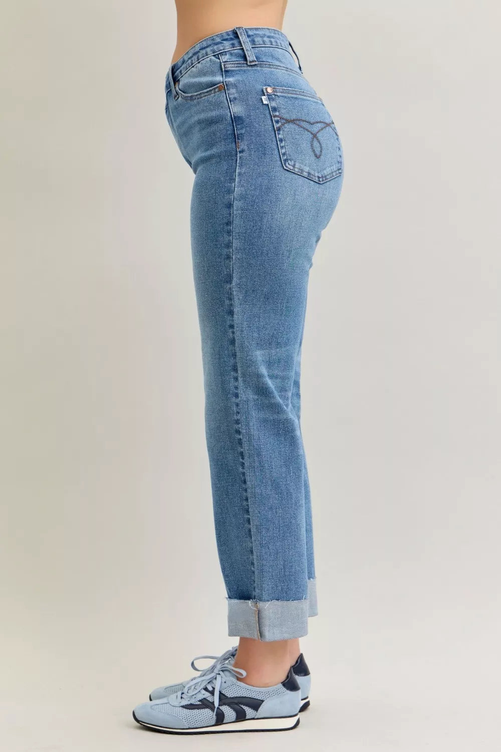 Judy Blue High Waist Bf Criss-cross Mild Destroy Jeans with Single Cuff | Daverri Fashions