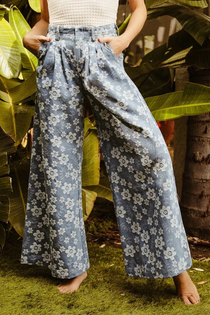 BiBi Floral Texture Wide Leg Jeans Jeans