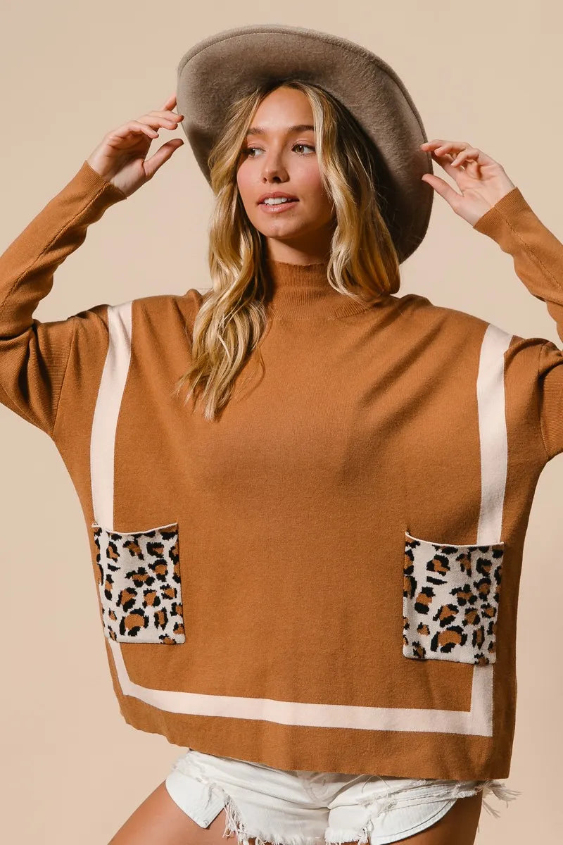 BiBi Mock Neck Sweater with Leopard Pocket Sweaters