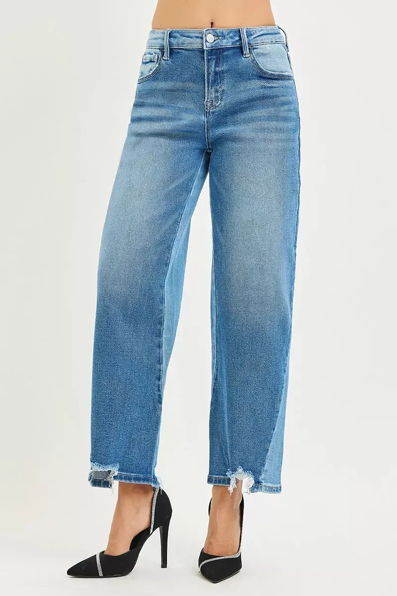 RISEN Full Size Slouchy Cropped Barrel Jeans with Contrast Wash Plus Size - DAVERRI FASHIONS