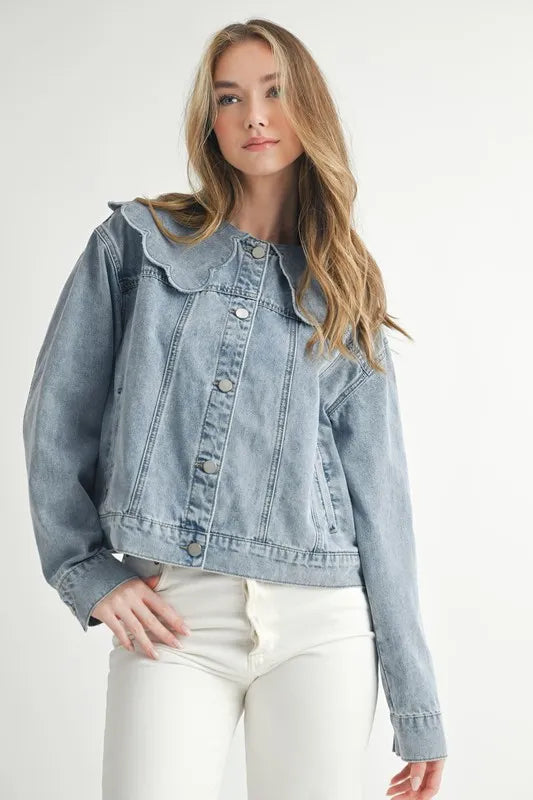 MABLE Scallop Peter Pan Collar Denim Jacket