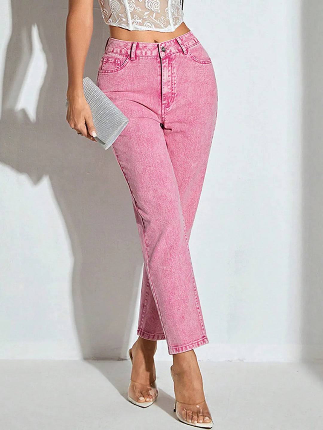 High-Waisted Wash Straight Leg Jeans | Jeans Daverri Fashions