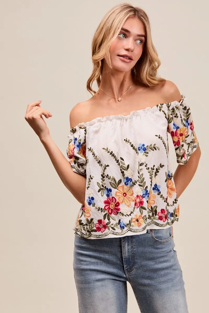 SO ME Floral Embroidered Two Way Off The Shoulder Blouse Blouses