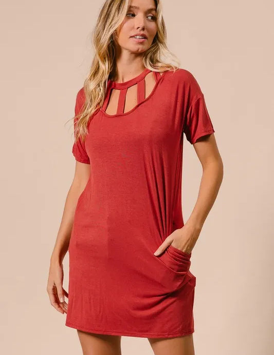 BiBi Front Cutout Mini Tee Dress with Pockets | Daverri Fashions