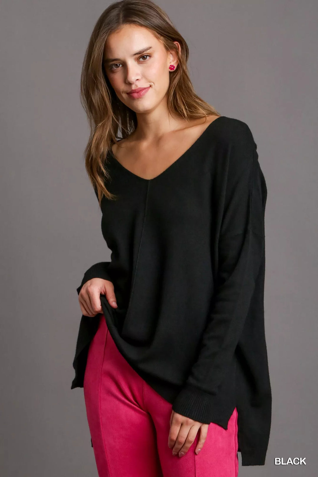 Black Umgee V-Neck High Low Hem Knit Top with Side Slit | Knit Tops Daverri Fashions
