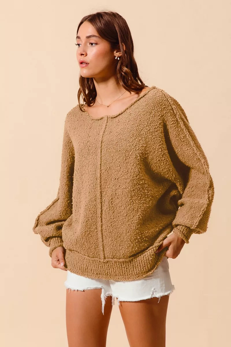 SO ME Loose Fit Exposed Seam Slouchy Boucle Sweater Taupe | Sweaters Daverri Fashions