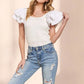 ADORA Layered Ruffled Sleeve Ribbed Top OFF WHITE