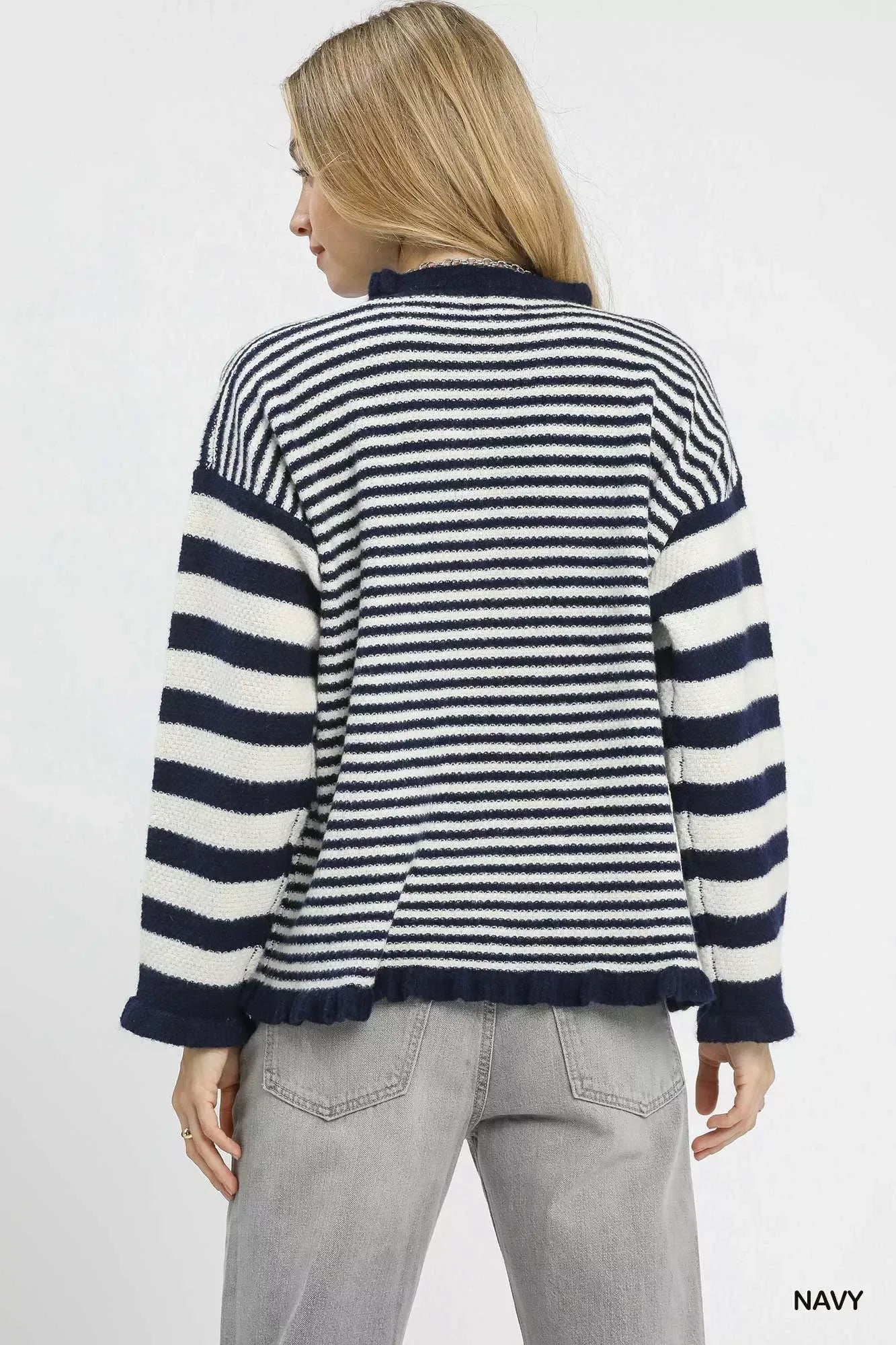 Umgee Ruffle Neck Stripe Sweater - DAVERRI FASHIONS