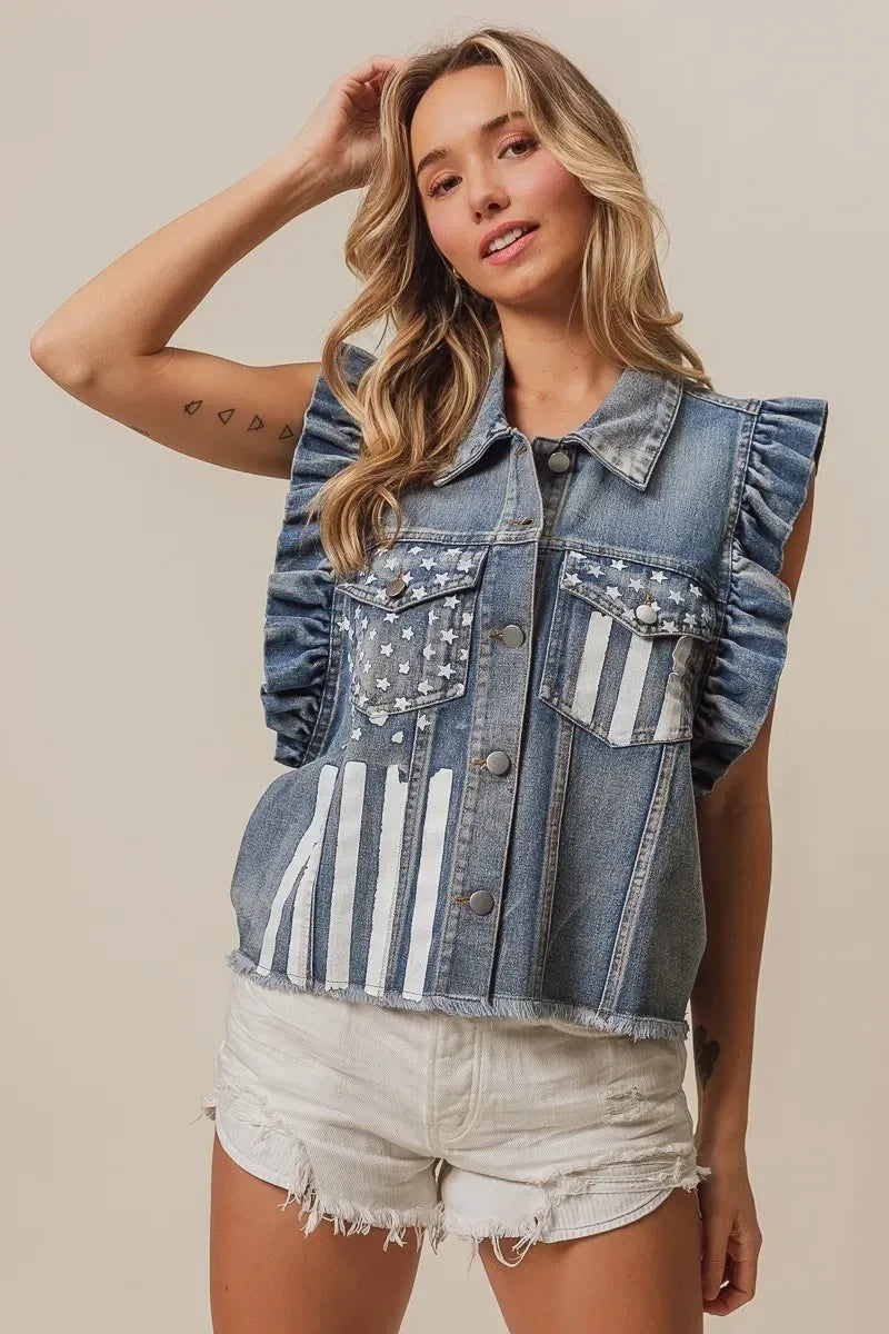 BiBi American Flag Washed Denim Jacket - DAVERRI FASHIONS