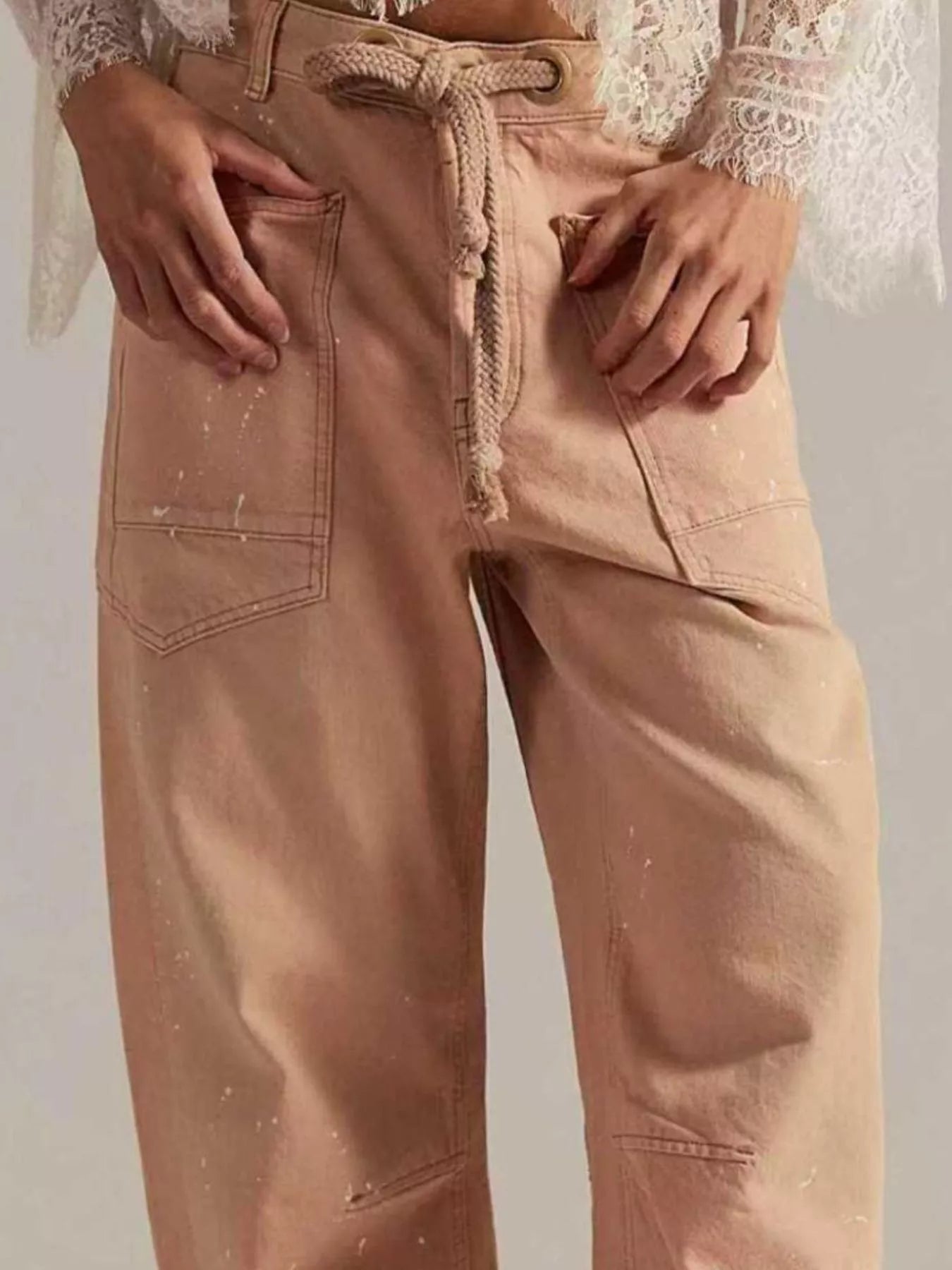Daverri washed relaxed fit barrel jeans in beige cargo with drawstring waist