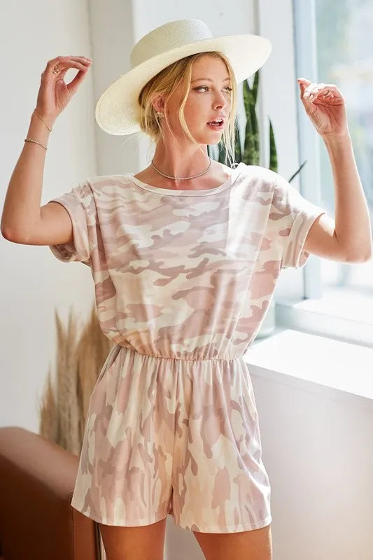 BiBi Camo Print French Terry Romper with Side Pockets Rompers