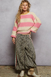 POL Contrast Striped Round Neck Sweater with Textured Cable Knit Pattern | Sweaters Daverri Fashions
