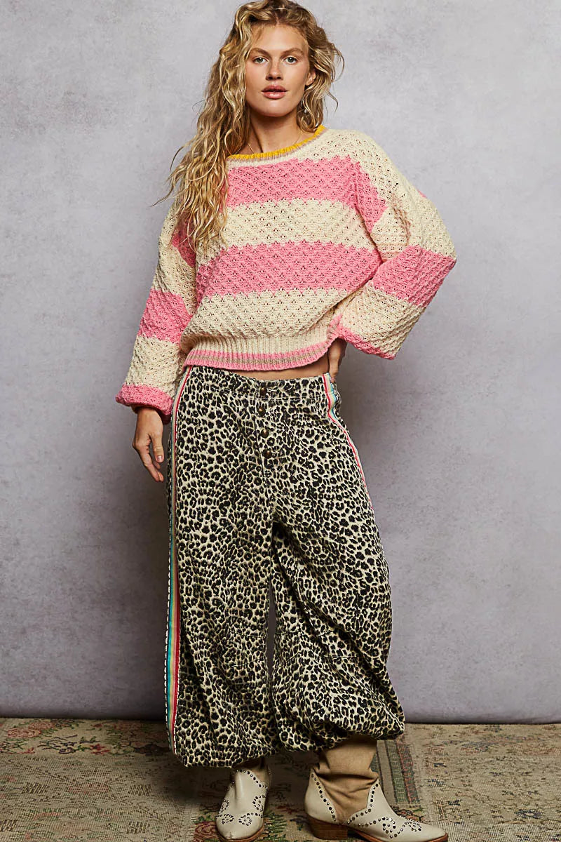 POL Contrast Striped Round Neck Sweater with Textured Cable Knit Pattern | Sweaters Daverri Fashions