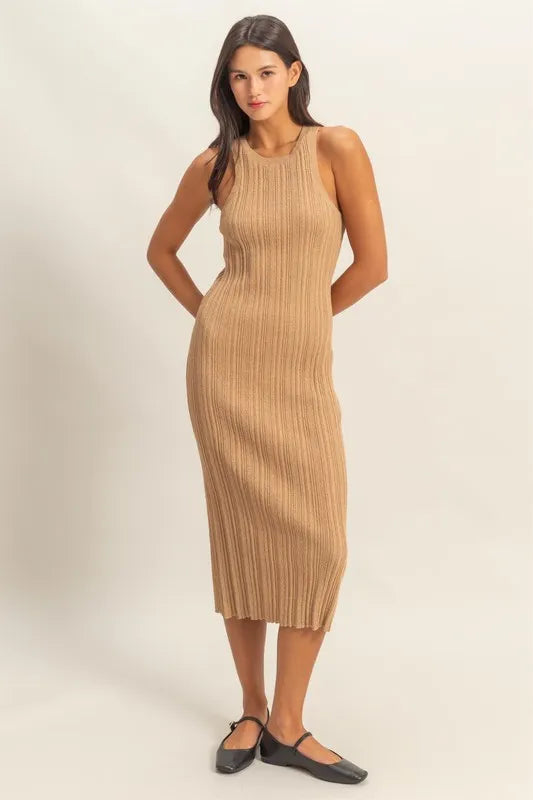 HYFVE Taupe Round Neck Bodycon Ribbed Knit Dress Midi Dresses
