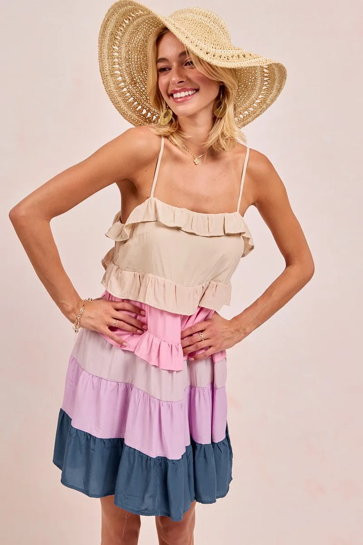BiBi Color Blocked Tiered Dress Mini Dresses