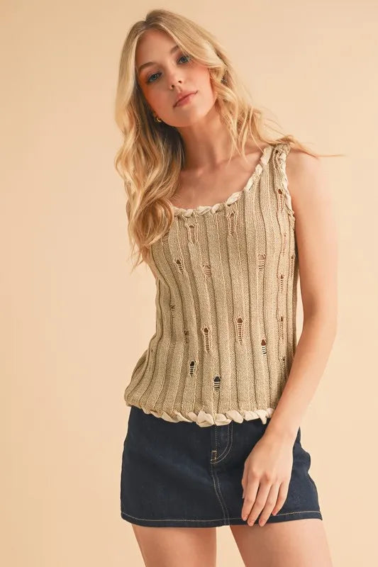 Aemi+Co Distressed Detail Round Neck Knit Tank | Daverri Fashions