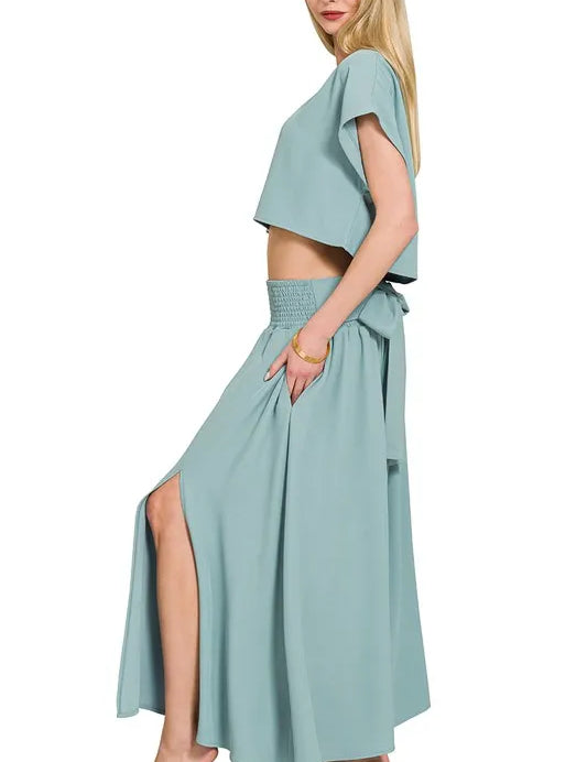 Zenana Heavy Woven Span Crop Tee & Skirt Set | Outfit Sets Daverri Fashions