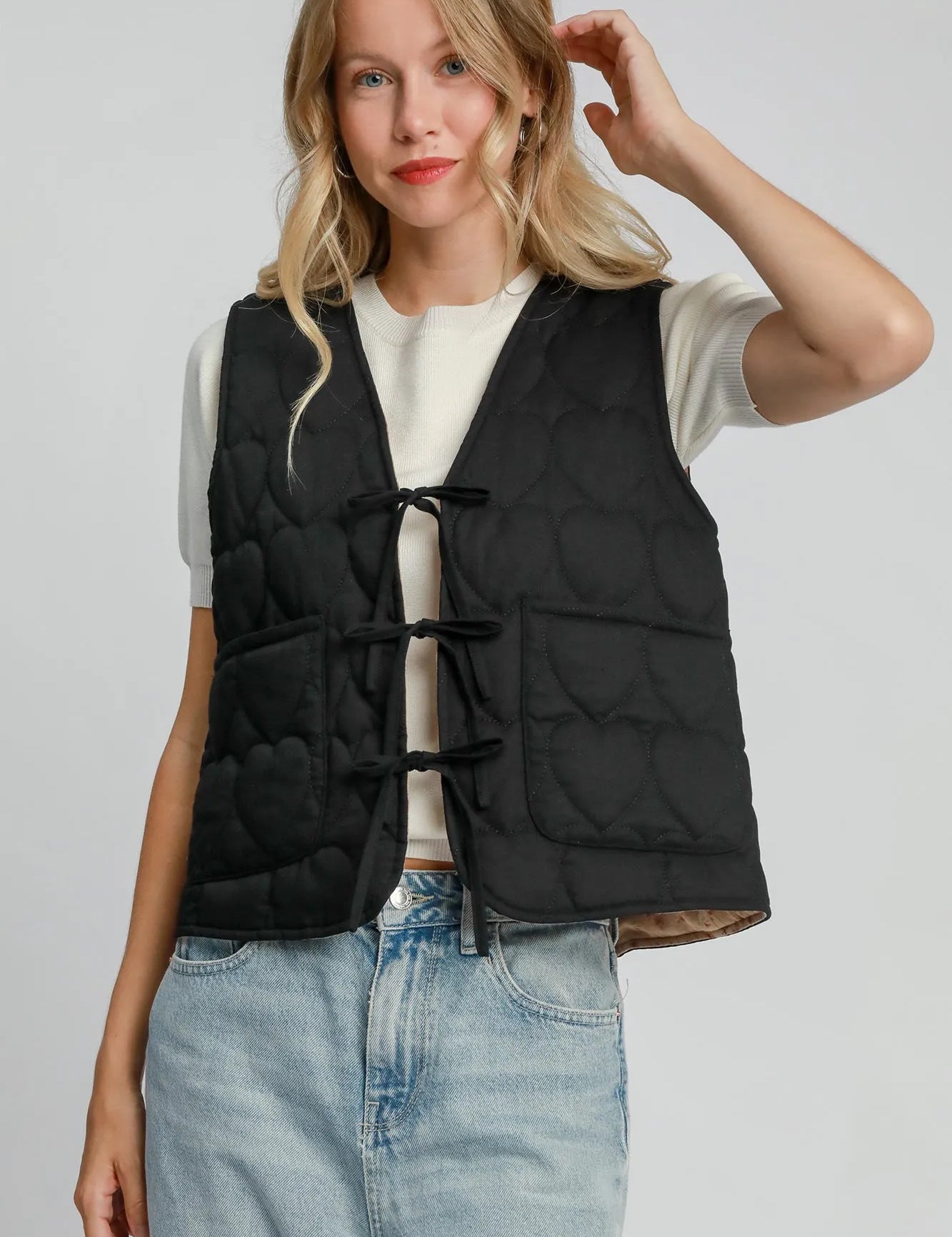 Black Umgee Heart Quilted Tie-Front Vest | Vest Jackets Daverri Fashions