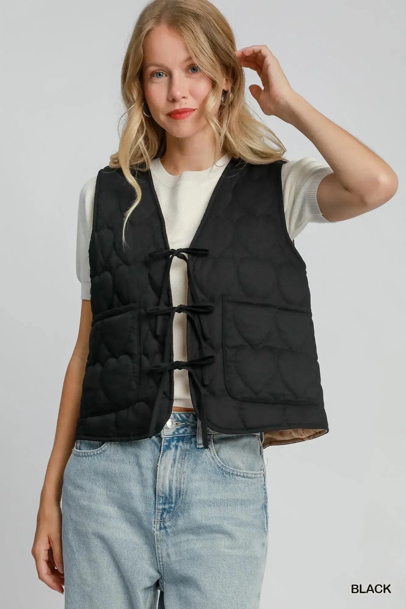 Umgee Heart Quilted Tie-Front Vest - DAVERRI FASHIONS
