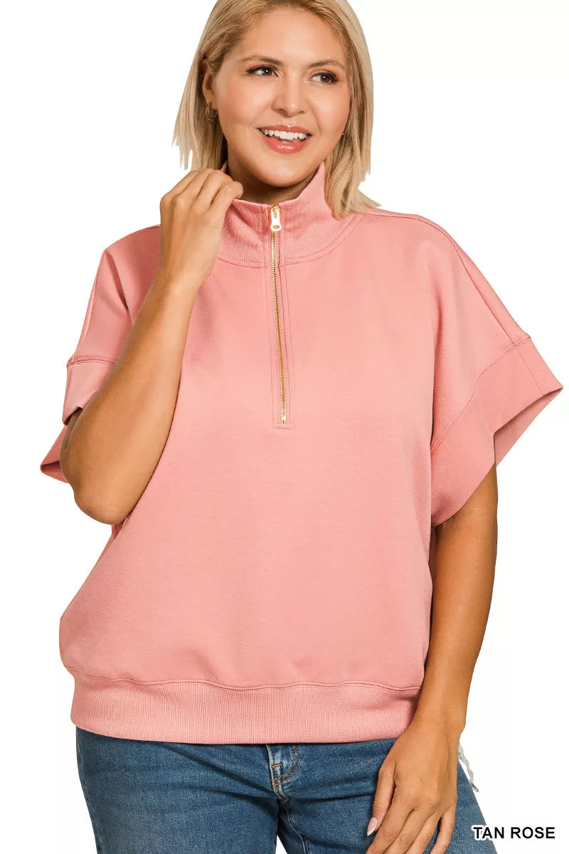 Zenana Full Size Scuba High Neck Half Zip Short Sleeve Top Plus Size | Tops Daverri Fashions