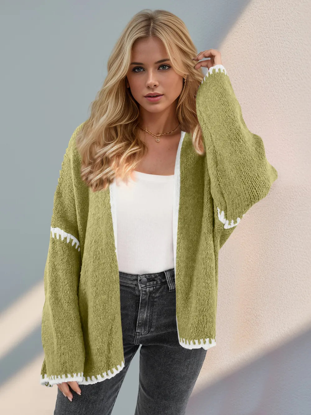 Double Take Contrast Open Front Dropped Shoulder Cardigan | Cardigans Daverri Fashions