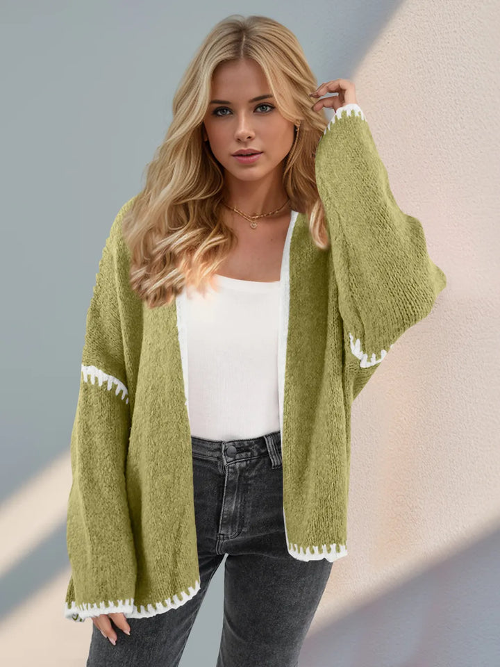 Double Take Contrast Open Front Dropped Shoulder Cardigan | Cardigans Daverri Fashions