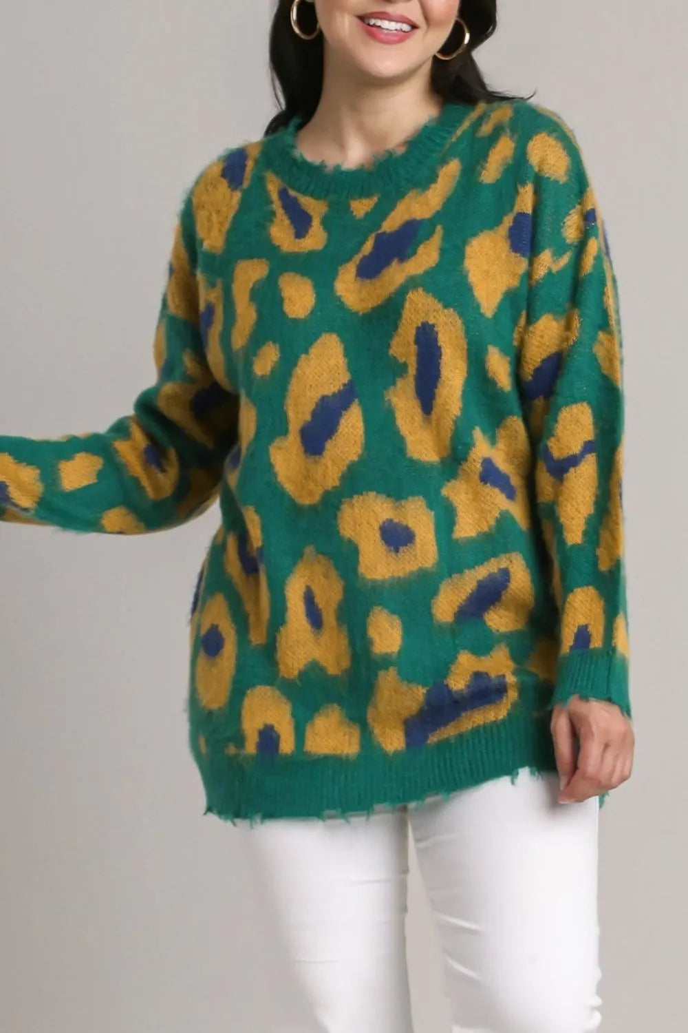 Umgee Full Size Leopard Destroyed Rib Band Sweater Plus Size | Sweaters Daverri Fashions